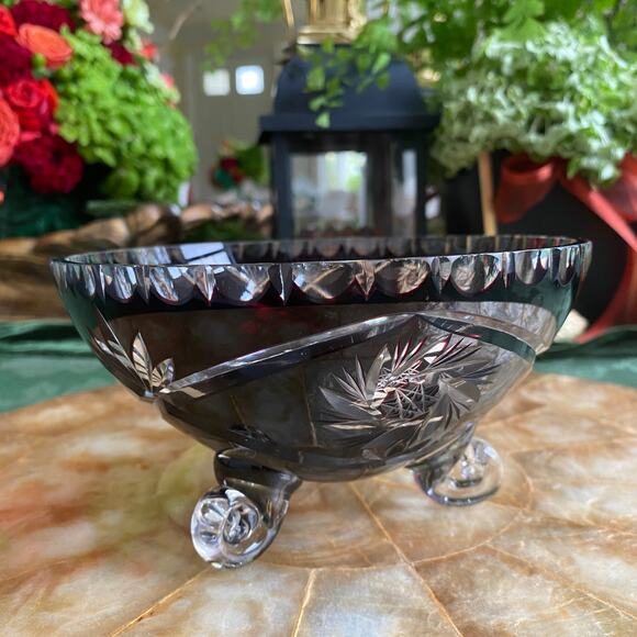 Antique Bohemian Amethyst Cut To Clear Crystal Footed Candy Dish Bowl with Lid - Picture 3 of 14